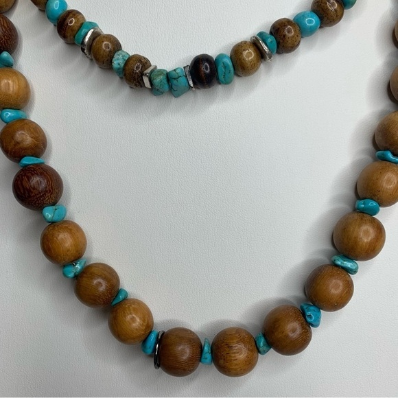 Chico’s Double Strand Brown Wooden Beads Turquoise & Brown Stone Chips Necklace - Picture 3 of 8